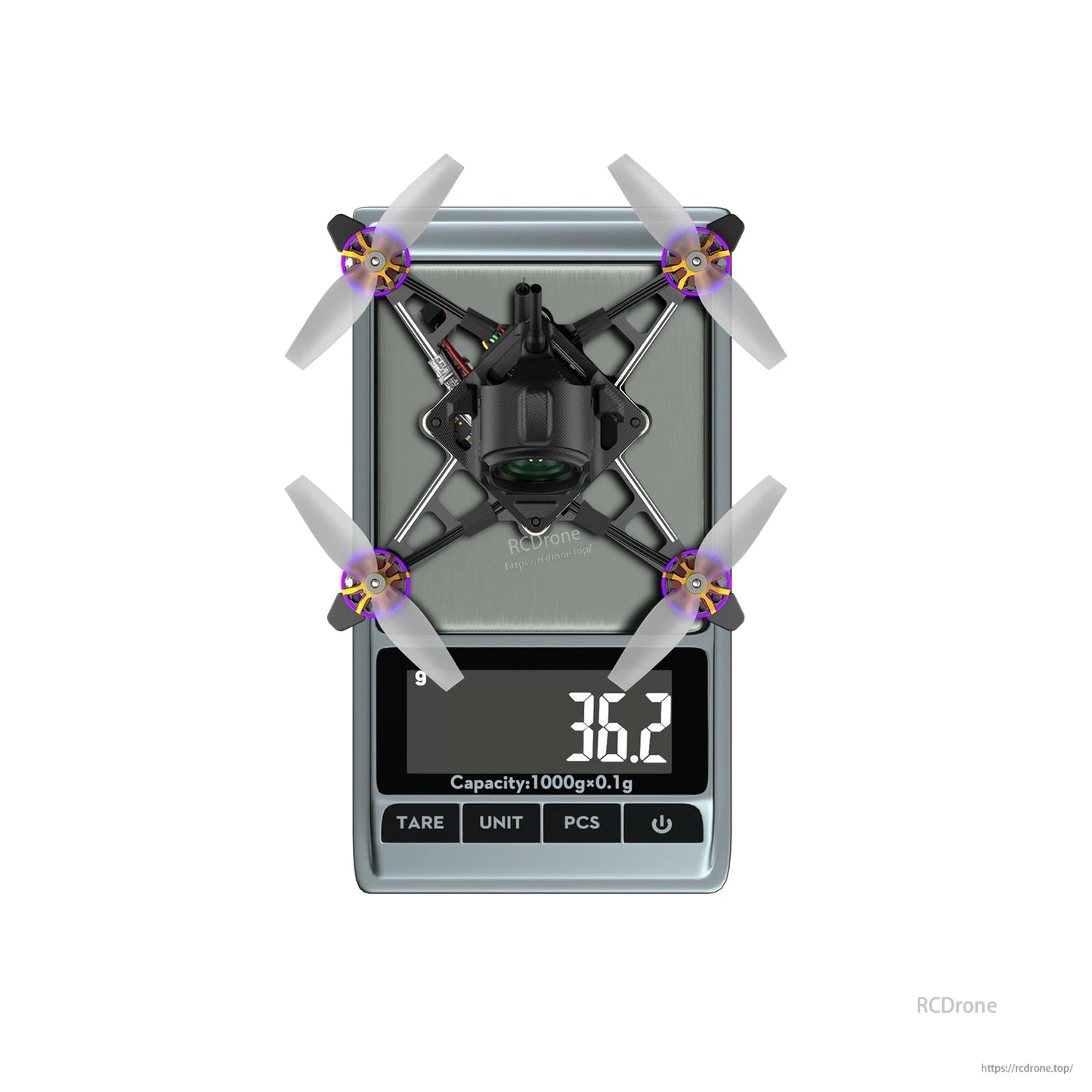 Flywoo Firefly18 Nano Baby V3 tiny quadcopter on a digital scale with 36.2 g weight reading