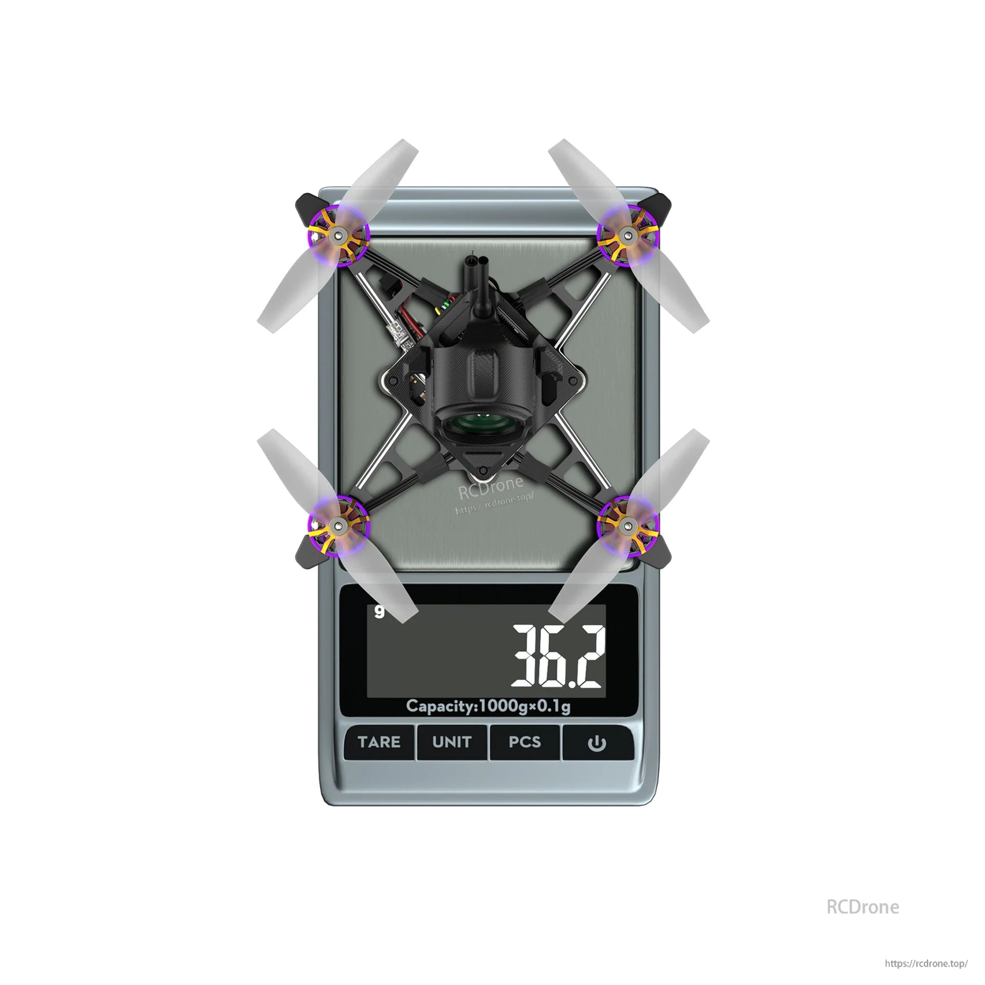 Flywoo Firefly18 Nano Baby V3 tiny quadcopter on a digital scale with 36.2 g weight reading