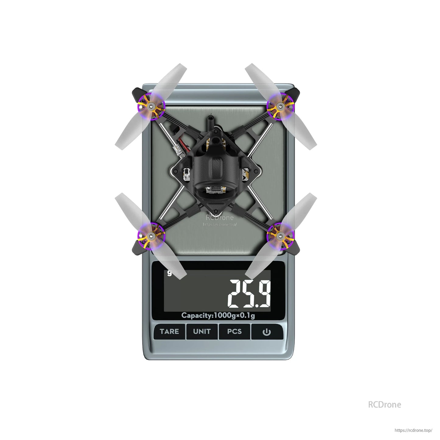 Flywoo Firefly18 nano quadcopter on a digital scale showing 25.9 g, top view with four propellers