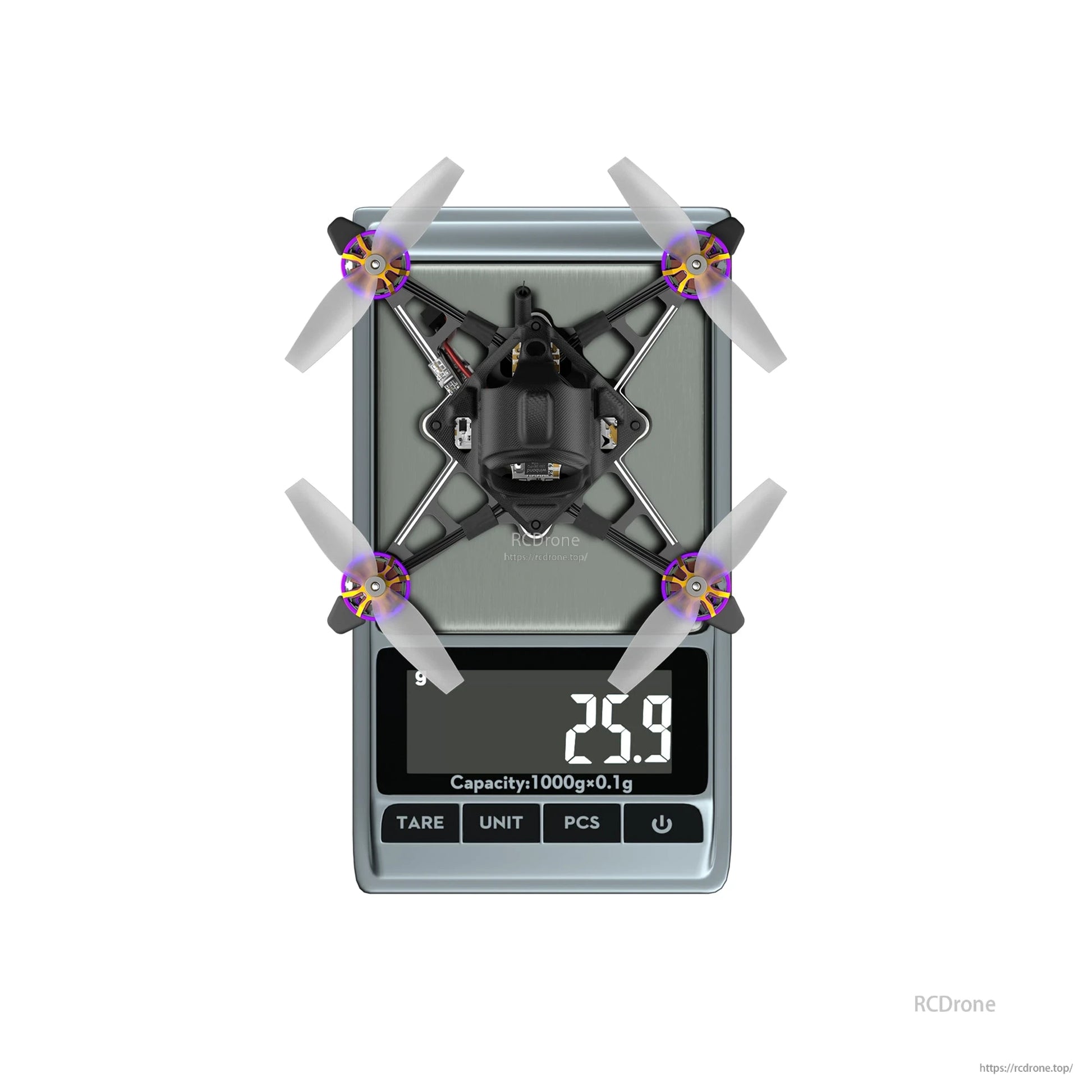 Flywoo Firefly18 nano quadcopter on a digital scale showing 25.9 g, top view with four propellers