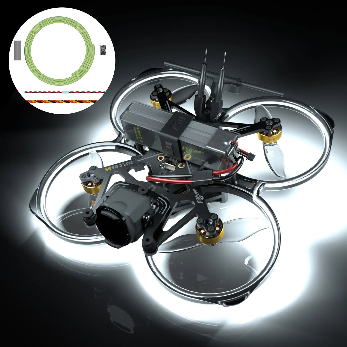 Flywoo flexible LED strip lighting wrapped around a cinewhoop drone’s ducts, with a 1m strip coil inset