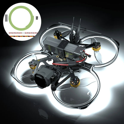 Flywoo flexible LED strip lighting wrapped around a cinewhoop drone’s ducts, with a 1m strip coil inset