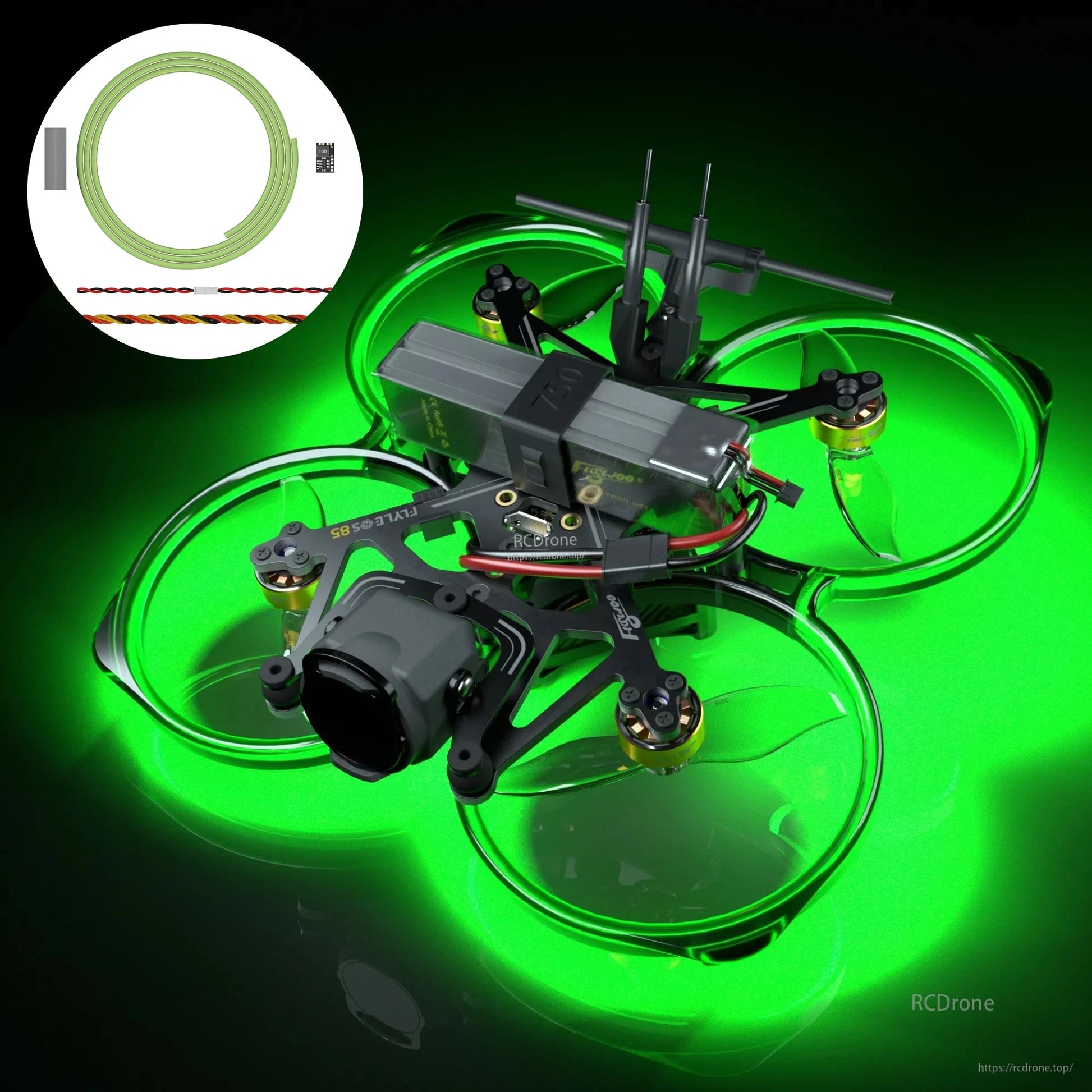 Flywoo flexible green LED strip installed on a cinewhoop FPV drone, with 1m strip coil shown in inset