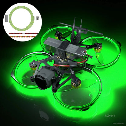 Flywoo flexible green LED strip installed on a cinewhoop FPV drone, with 1m strip coil shown in inset