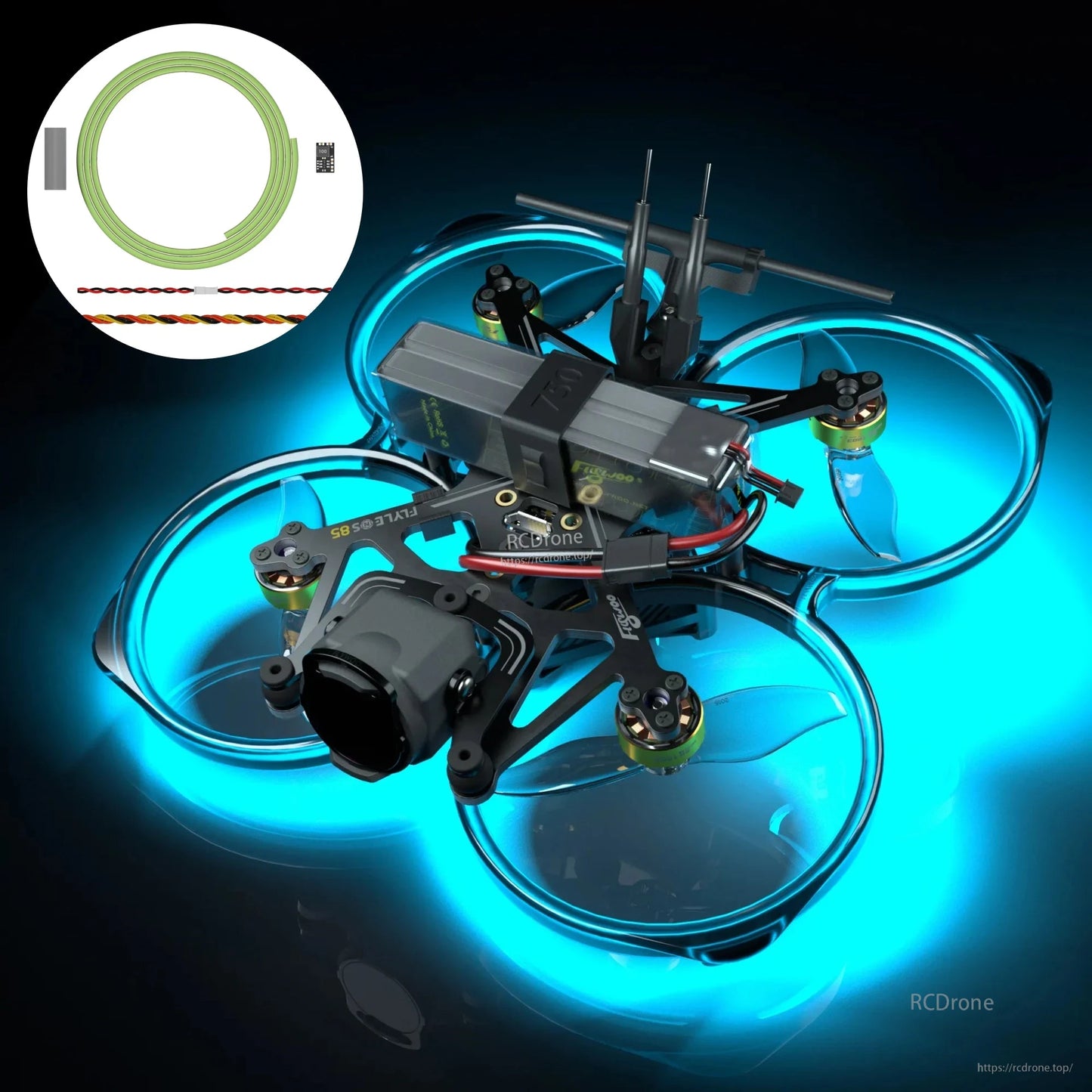 Flywoo flexible LED strip roll with wiring leads, installed as blue underglow lighting on an FPV cinewhoop drone