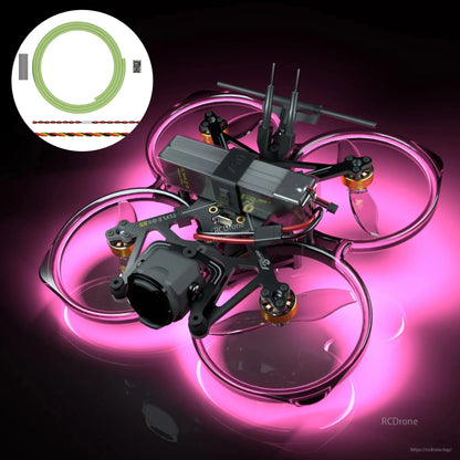 Flywoo flexible LED strip installed around a cinewhoop FPV drone’s ducts, creating a bright pink ring glow