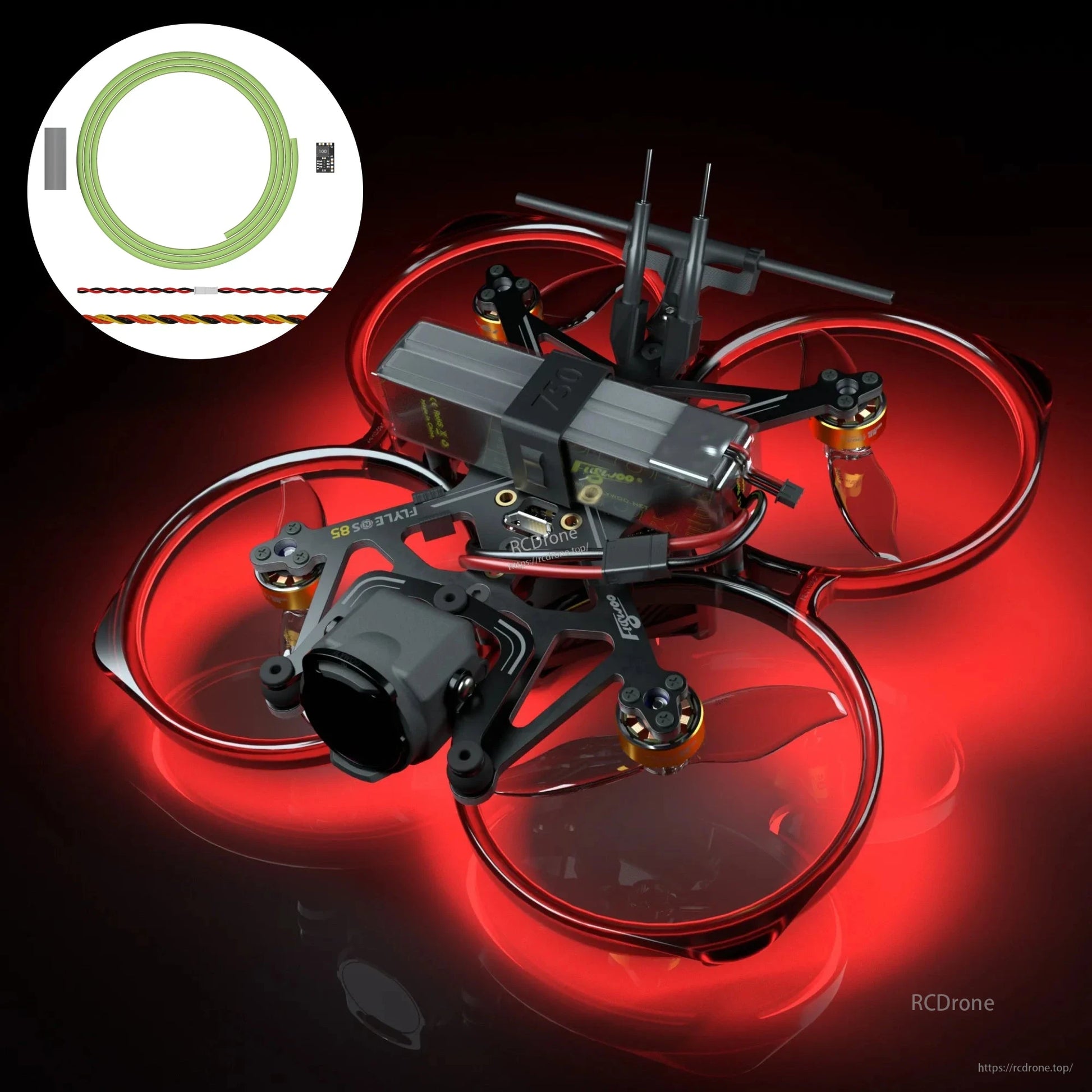 FPV cinewhoop drone with red duct lighting and inset of Flywoo flexible LED strip roll