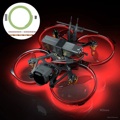 FPV cinewhoop drone with red duct lighting and inset of Flywoo flexible LED strip roll