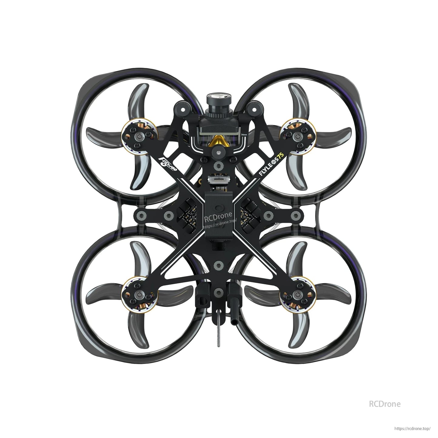 Top view of Flywoo FlyLens 75 whoop FPV drone with ducted prop guards, four-blade props, and front camera