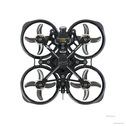 Top view of Flywoo FlyLens 75 whoop FPV drone with ducted prop guards, four-blade props, and front camera