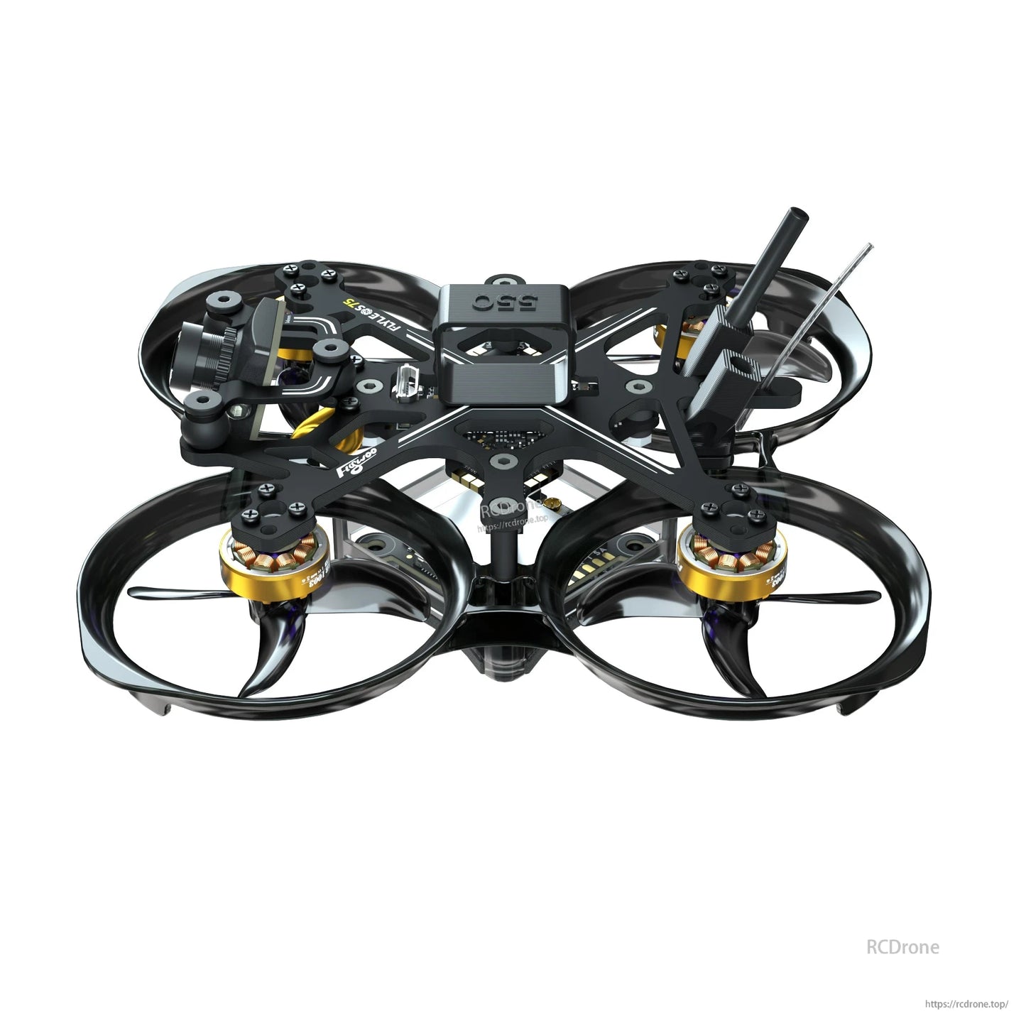 Flywoo FlyLens 75 HD whoop FPV drone with ducted prop guards, front camera, and top-mounted antenna