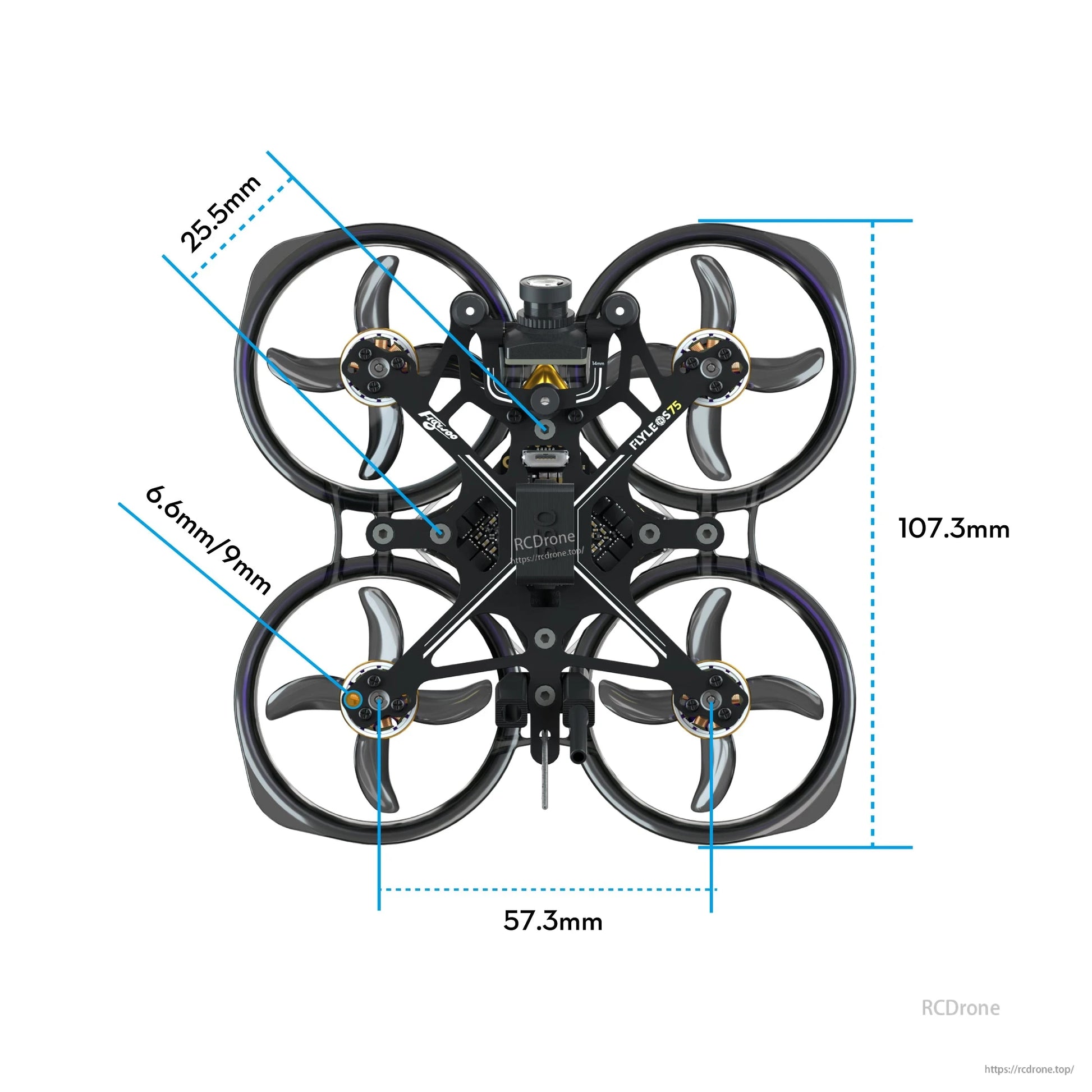 Top view of Flywoo FlyLens 75 HDZero 2S brushless whoop frame with ducts and 107.3 mm overall size