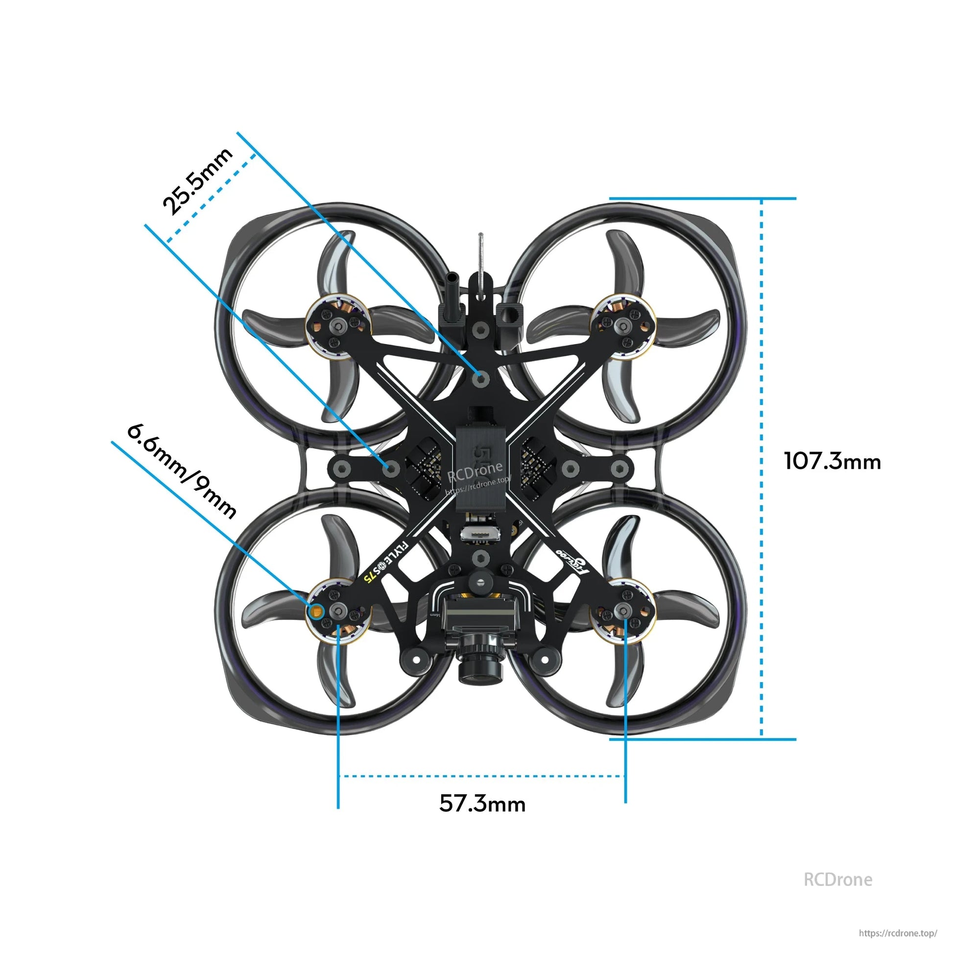 Top-down view of Flywoo FlyLens 75 HD ducted whoop FPV drone with labeled 107.3mm x 57.3mm dimensions