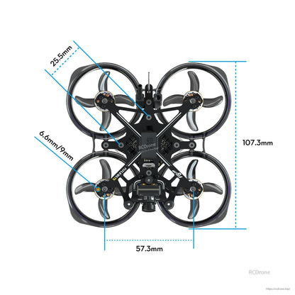 Top-down view of Flywoo FlyLens 75 HD ducted whoop FPV drone with labeled 107.3mm x 57.3mm dimensions