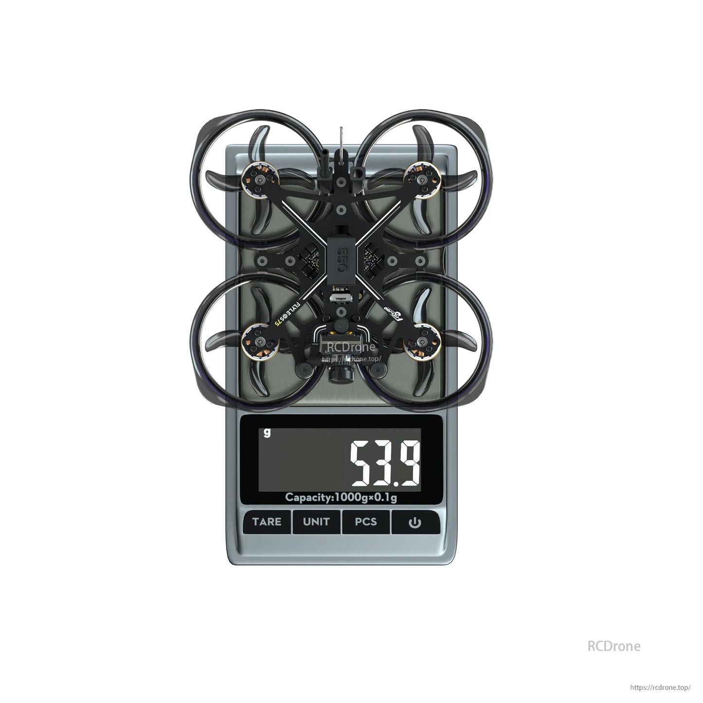 Flywoo FlyLens 75 HD brushless whoop FPV drone on a digital scale with a 53.9 g weight reading