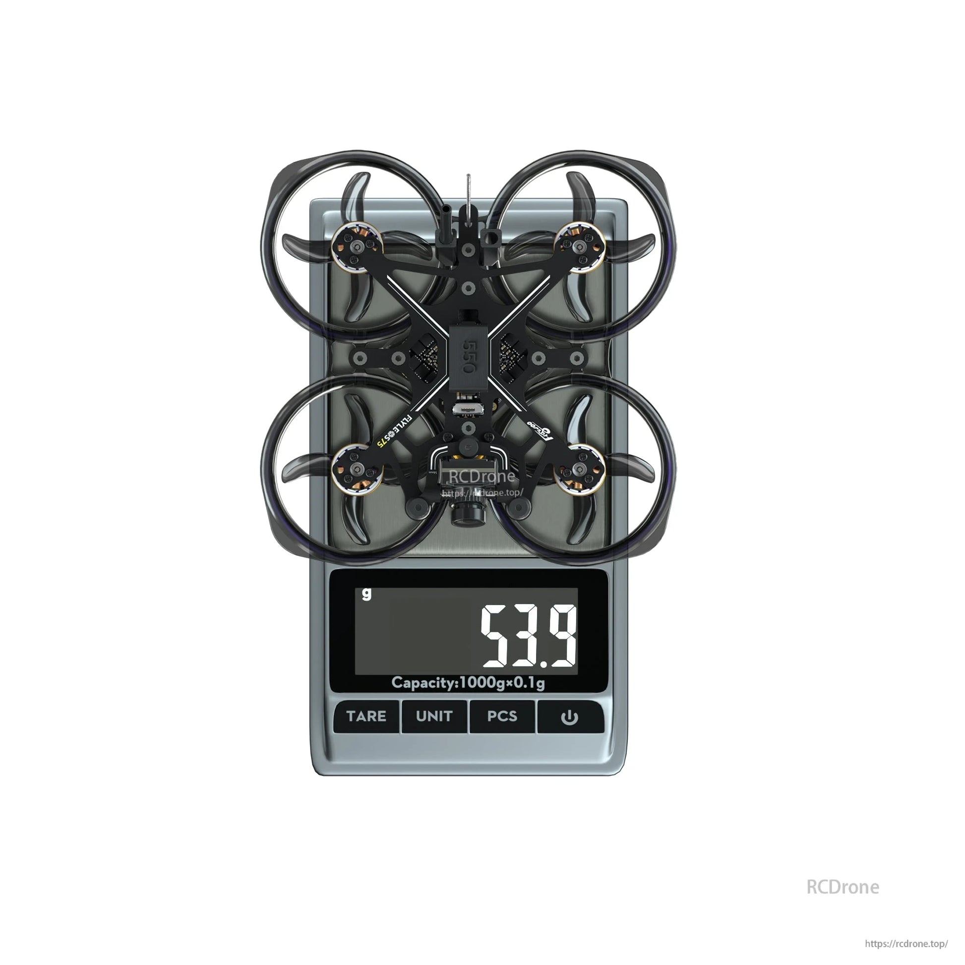 Flywoo FlyLens 75 HD brushless whoop FPV drone on a digital scale with a 53.9 g weight reading