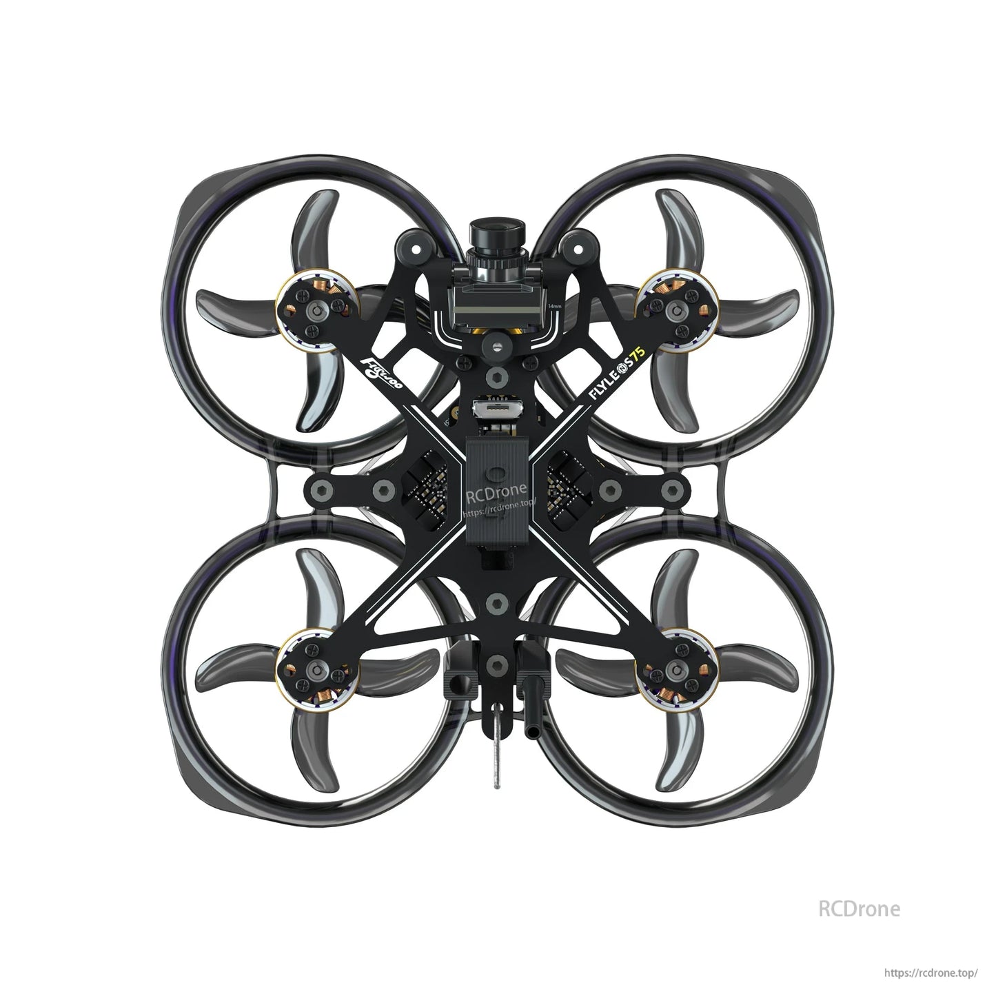 Top view of Flywoo FlyLens 75 ducted brushless whoop FPV drone with four prop guards and HD camera mount