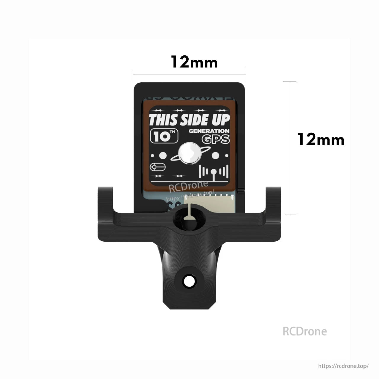 Flywoo FlyLens 75/85 GM10 Nano GPS, Flywoo GM10 Nano GPS module in 12×12mm mount, with “THIS SIDE UP” orientation label on the board