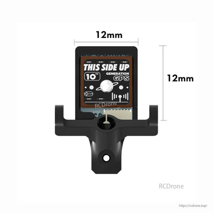 Flywoo FlyLens 75/85 GM10 Nano GPS, Flywoo GM10 Nano GPS module in 12×12mm mount, with “THIS SIDE UP” orientation label on the board