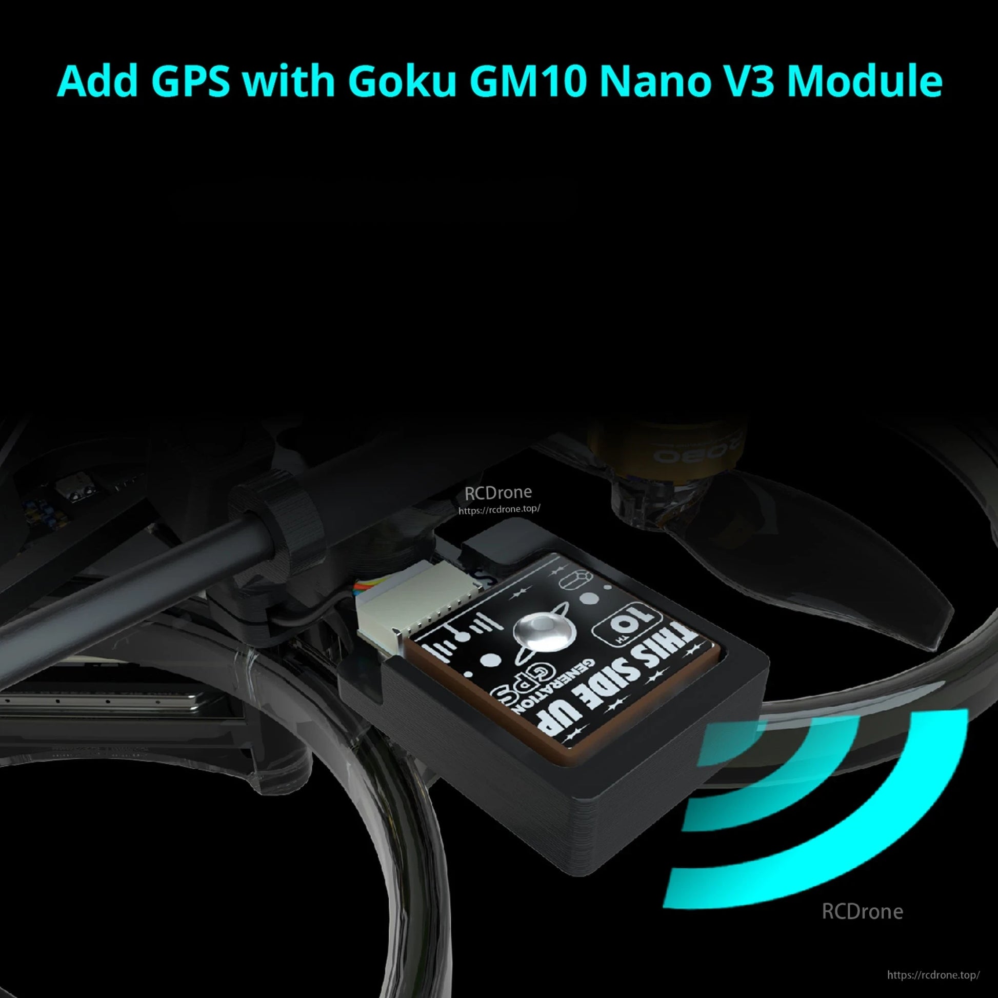 Goku GM10 Nano V3 GPS module mounted on a small FPV whoop drone, with connector cable attached