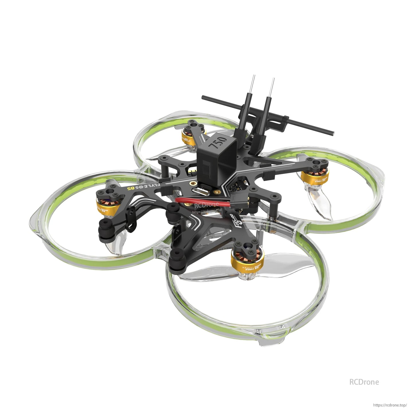 Flywoo FlyLens 85 brushless whoop drone with clear ducted prop guards, four motors, battery lead, and antennas