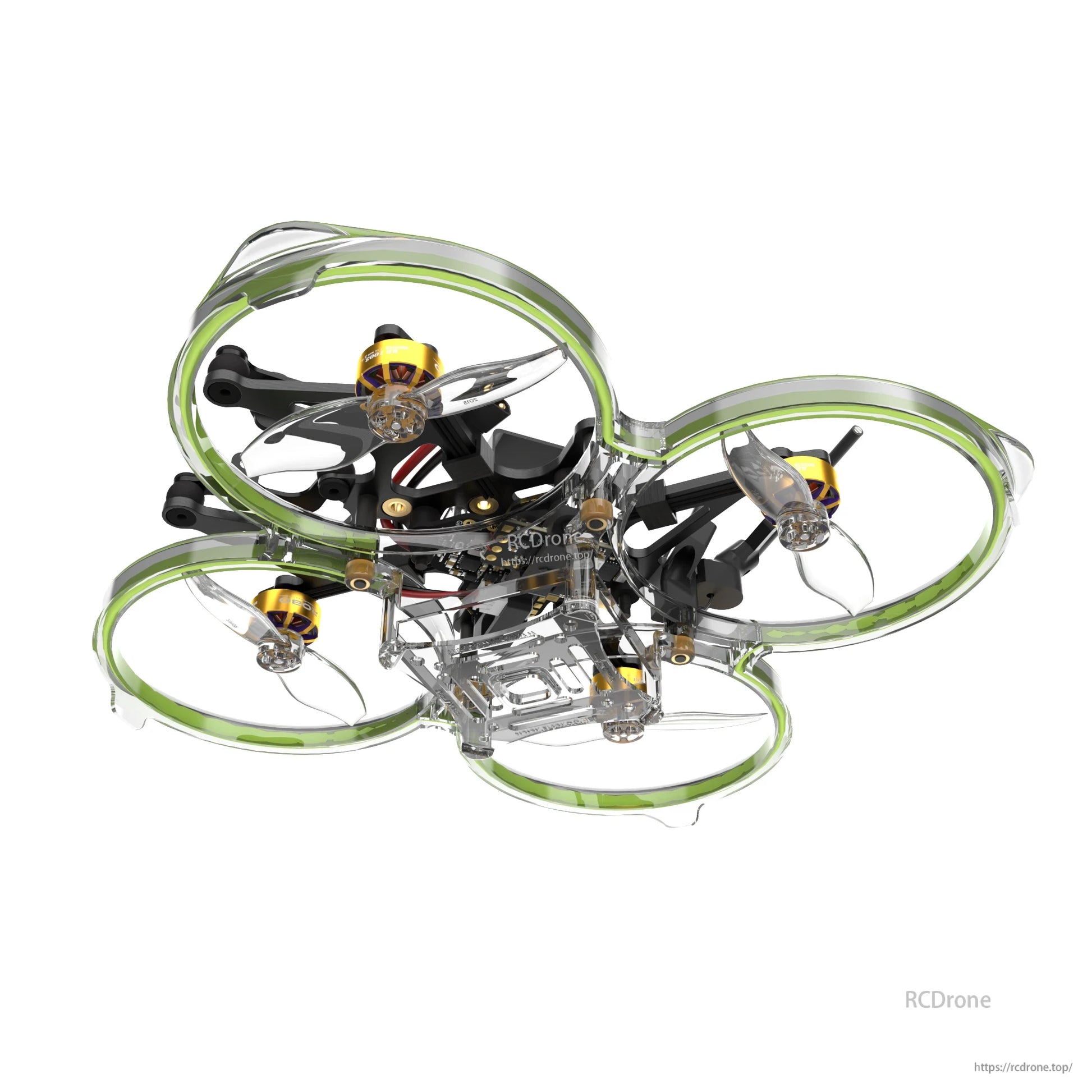 Flywoo FlyLens 85 brushless whoop drone kit with clear frame, green prop guards, and four ducted propellers