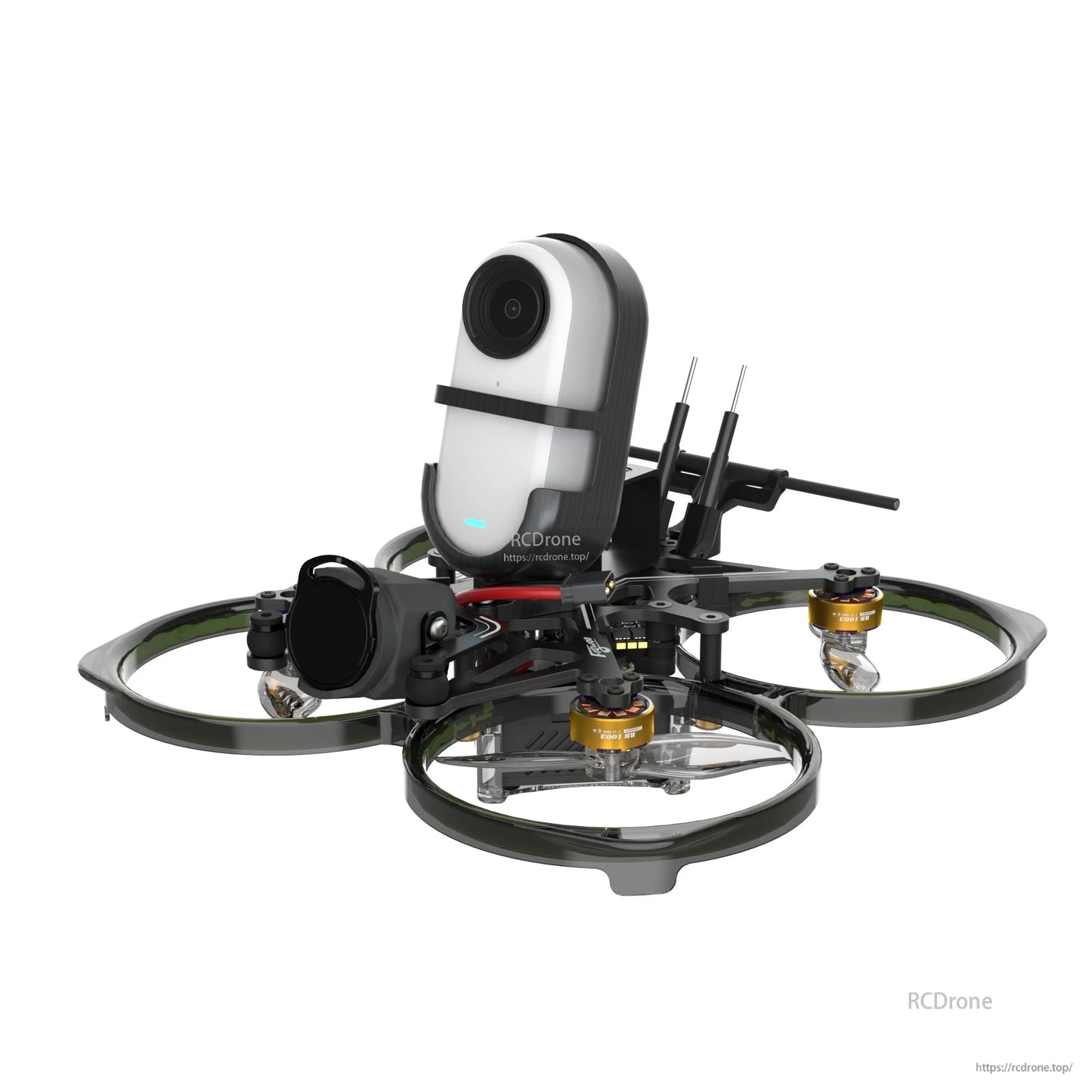 Flywoo FlyLens 85 action camera TPU mount on a ducted FPV drone, holding a compact upright camera with strap
