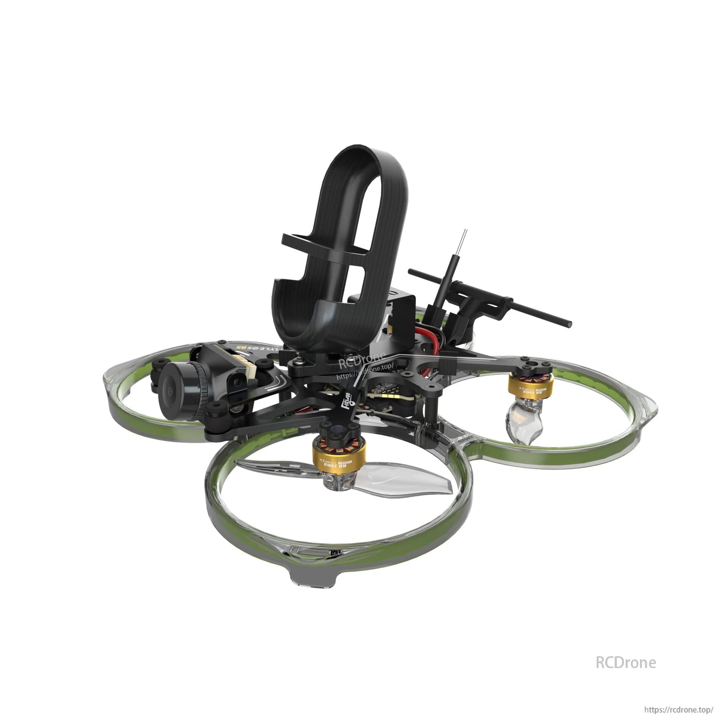 Flywoo FlyLens 85 Action Camera TPU Mount, Flywoo FlyLens 85 cinewhoop drone with tall TPU action camera mount on top and ducted prop guards