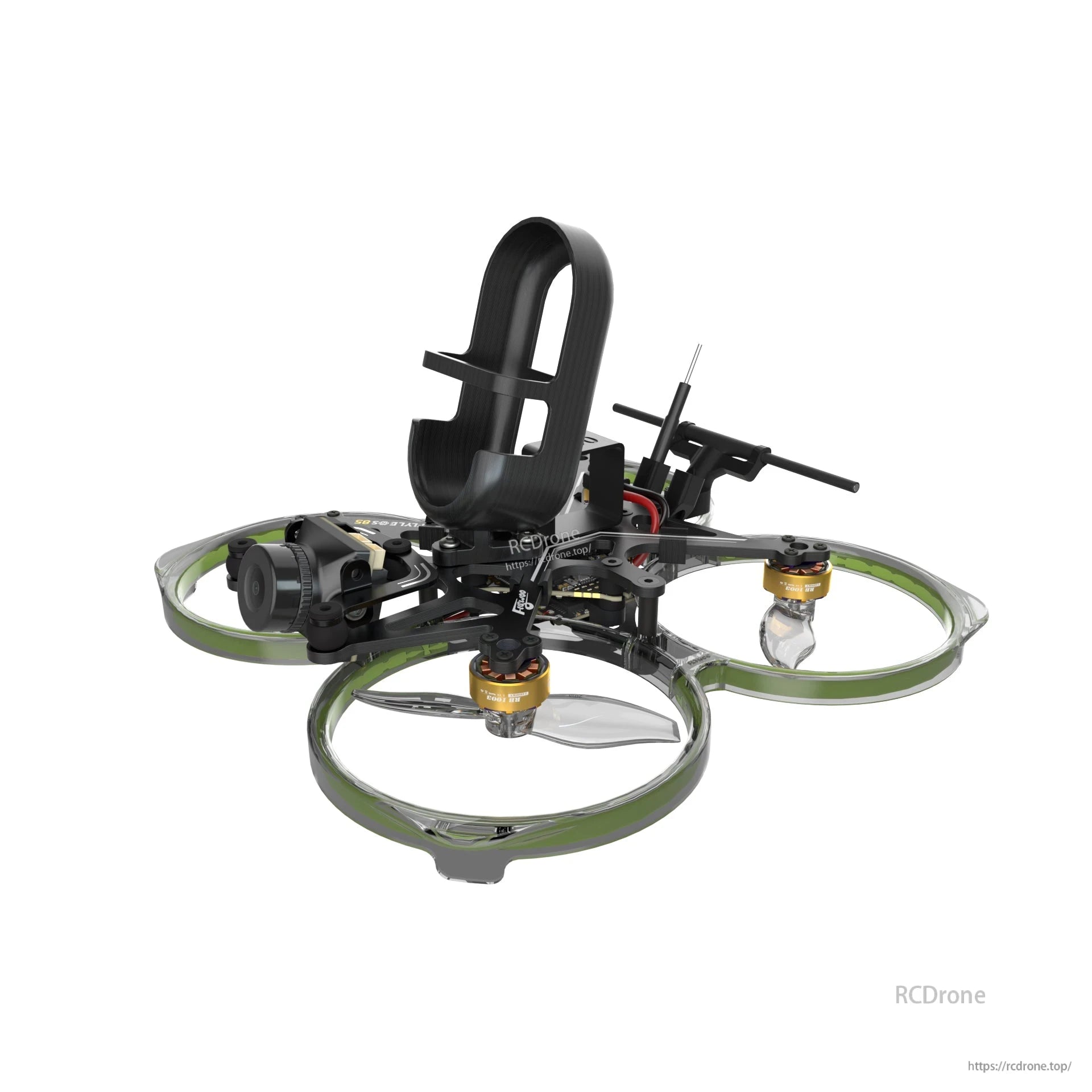 Flywoo FlyLens 85 Action Camera TPU Mount, Flywoo FlyLens 85 cinewhoop drone with tall TPU action camera mount on top and ducted prop guards