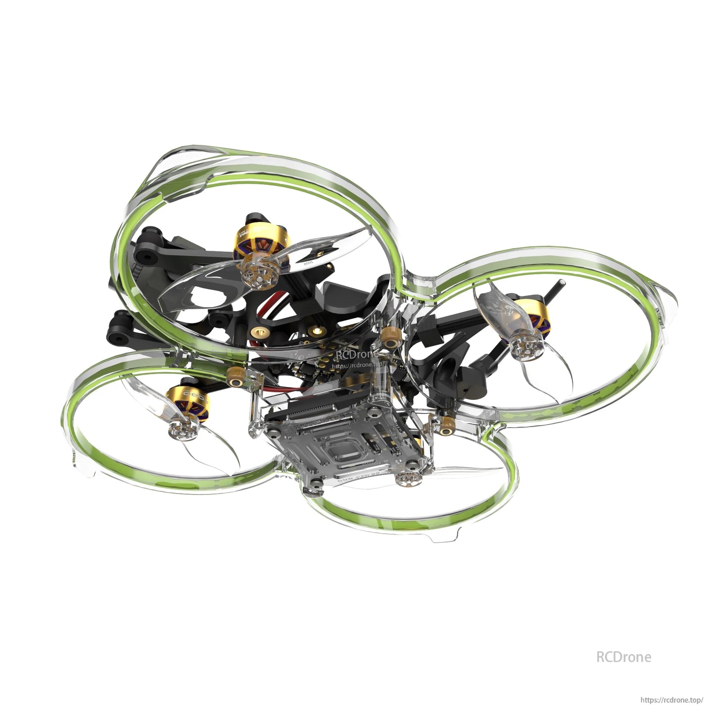 Flywoo FlyLens 85 HD 2S brushless whoop FPV drone with green ducted prop guards and clear frame