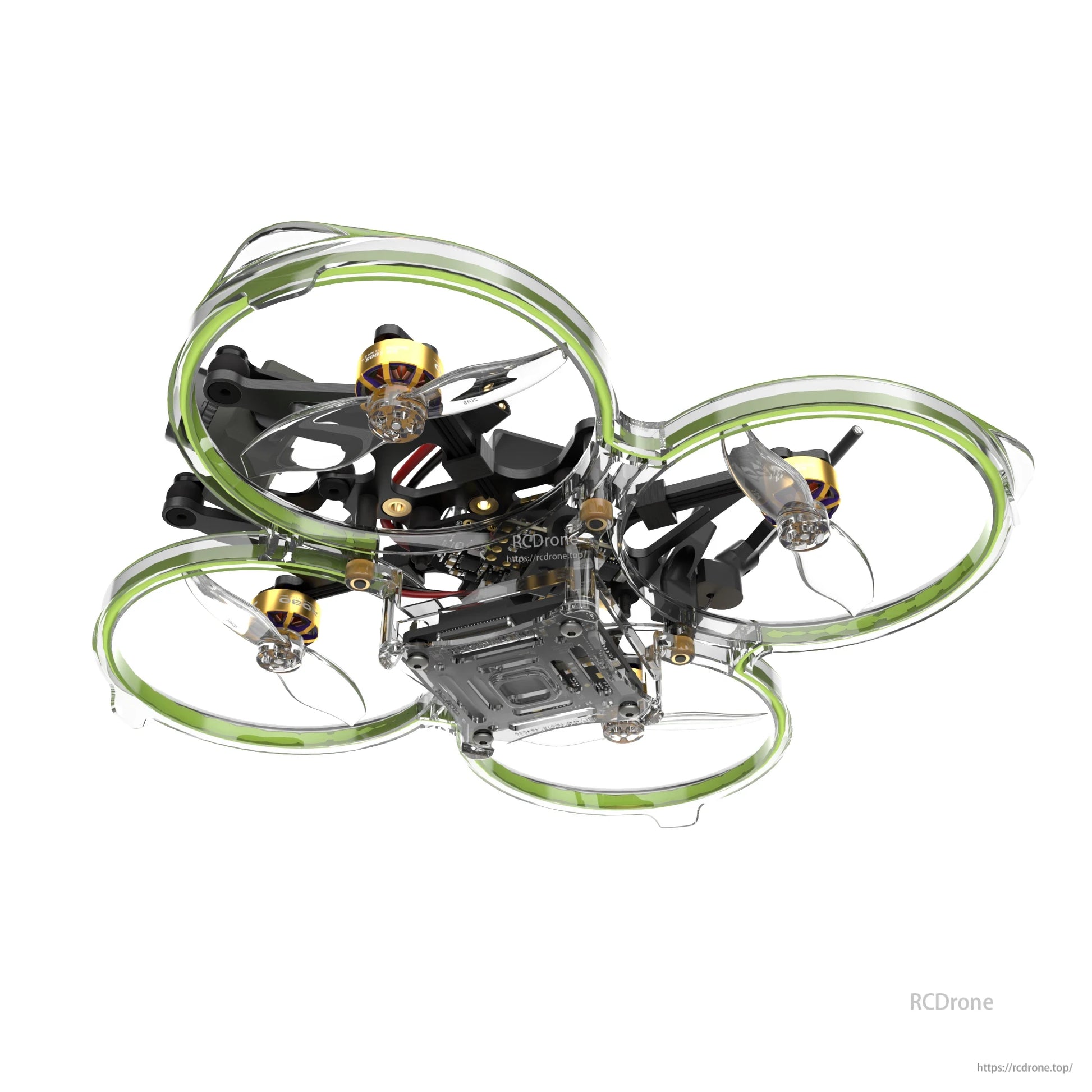 Flywoo FlyLens 85 HD 2S brushless whoop FPV drone with green ducted prop guards and clear frame