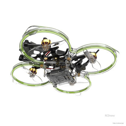 Flywoo FlyLens 85 HD 2S brushless whoop FPV drone with green ducted prop guards and clear frame