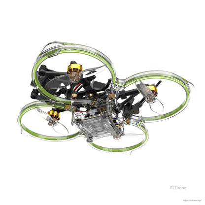 Flywoo FlyLens 85 HD brushless whoop FPV drone with clear green prop guards, four motors and tri-blade props