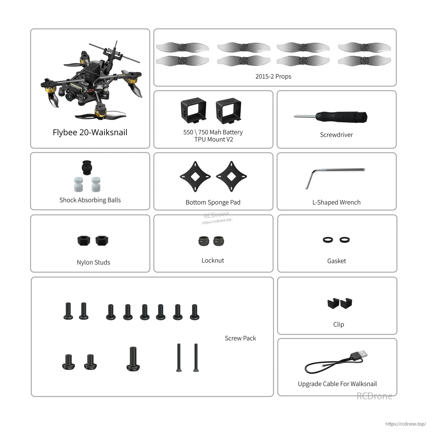Flywoo Flybee 20 HD Walksnail 2S Ultralight FPV, Flywoo Flybee 20 Walksnail FPV drone kit with 2015-2 props, TPU mounts, tools, screws, gaskets, and cable