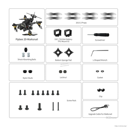 Flywoo Flybee 20 HD Walksnail 2S Ultralight FPV, Flywoo Flybee 20 Walksnail FPV drone kit with 2015-2 props, TPU mounts, tools, screws, gaskets, and cable