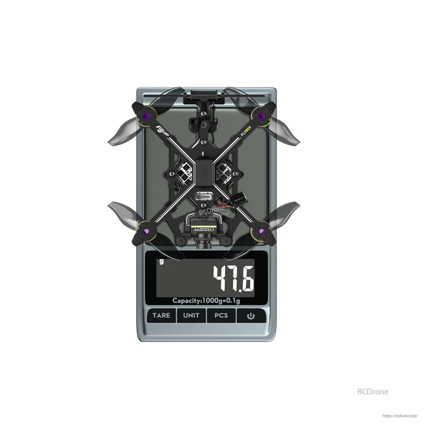Flywoo Flybee 20 HD Walksnail 2S ultralight FPV drone on a digital scale showing 47.6 g weight