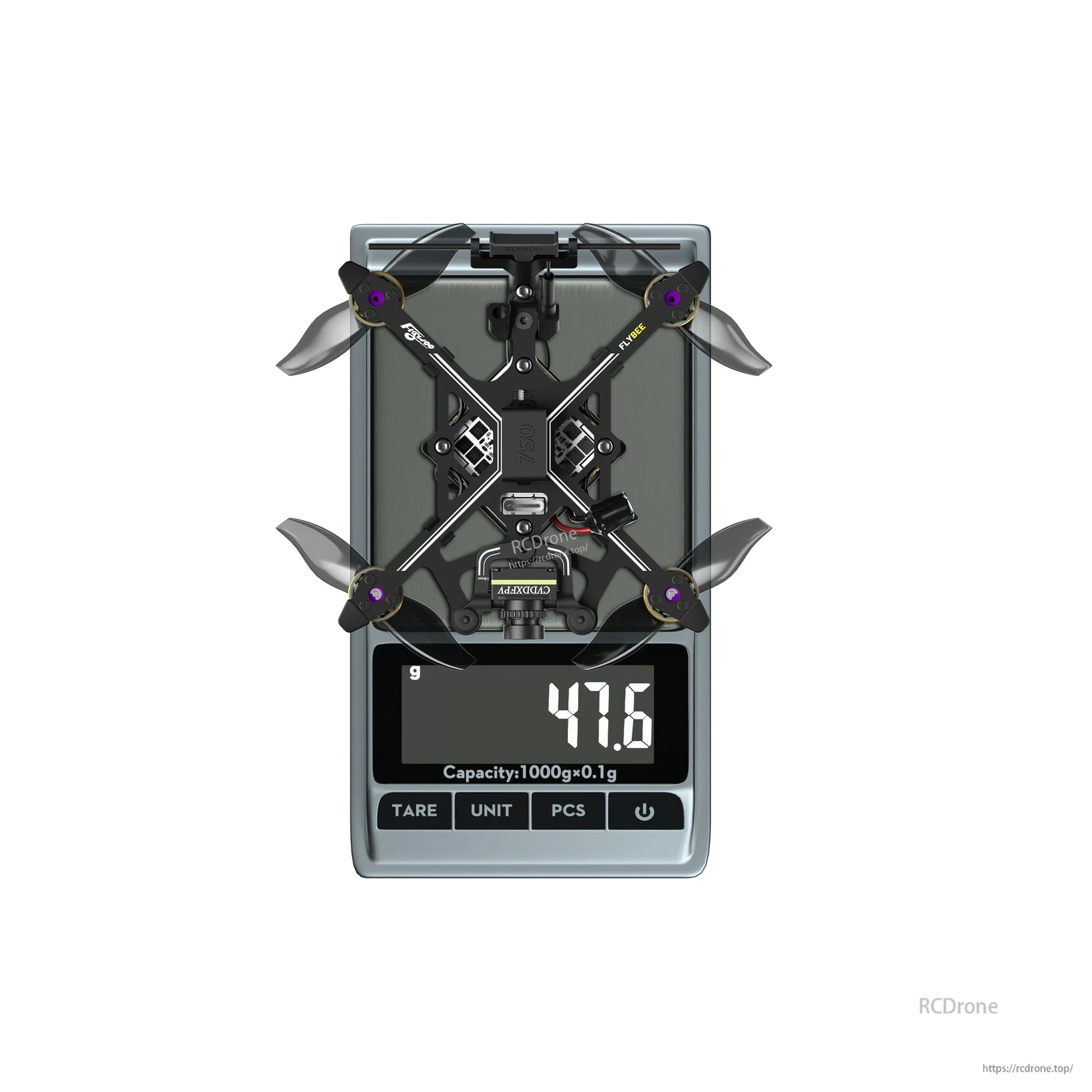 Flywoo Flybee 20 HD Walksnail 2S ultralight FPV drone on a digital scale showing 47.6 g weight