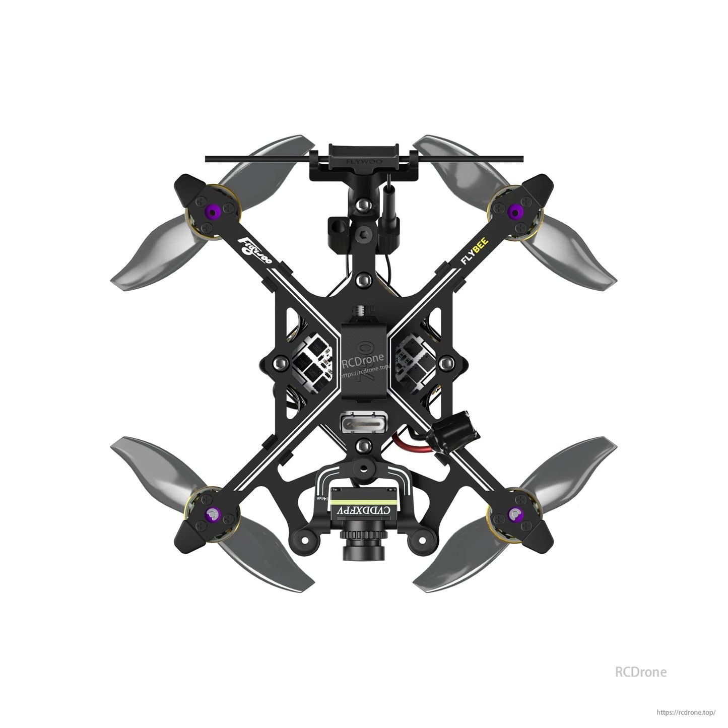 Flywoo Flybee 20 HD Walksnail 2S Ultralight FPV, Top-down view of Flywoo Flybee 20 ultralight FPV quadcopter with four props, CaddxFPV camera, and USB-C port