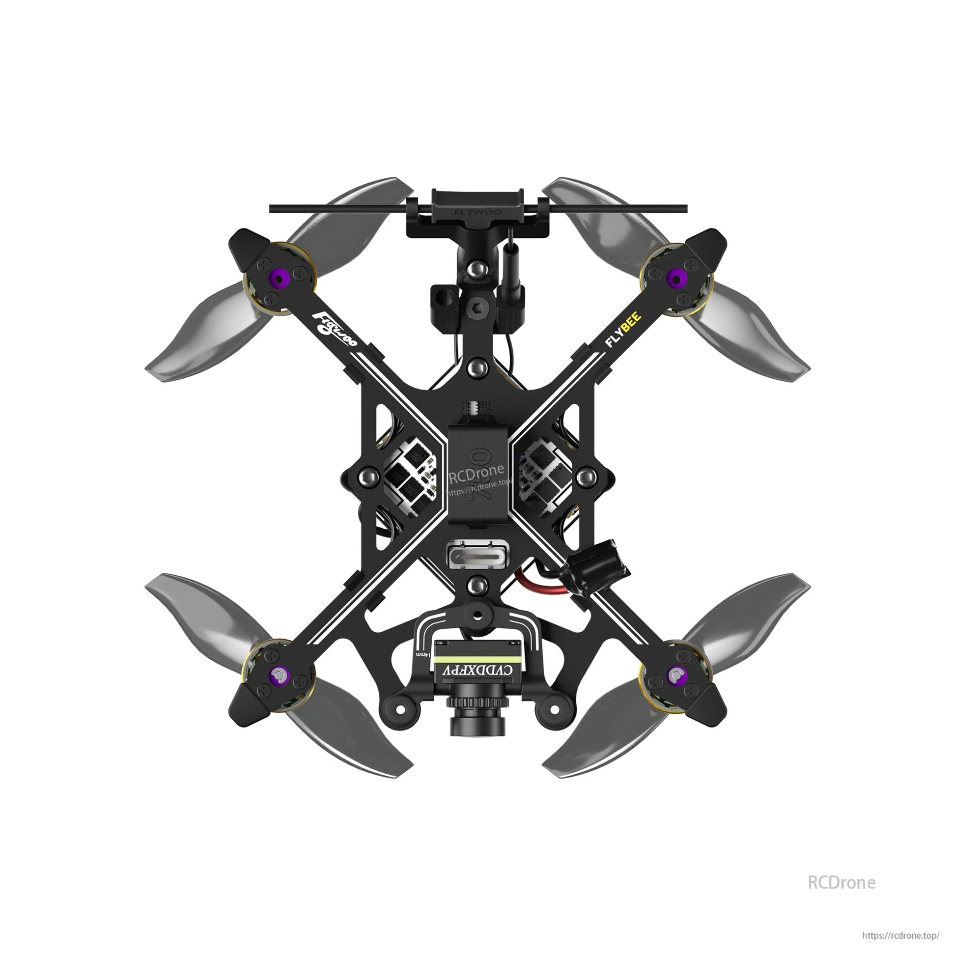 Flywoo Flybee 20 HD Walksnail 2S Ultralight FPV, Top-down view of Flywoo Flybee 20 ultralight FPV quadcopter with four props, CaddxFPV camera, and USB-C port