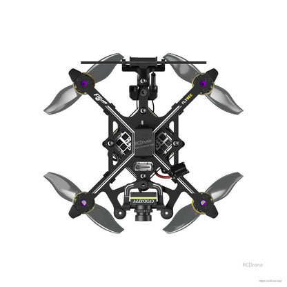 Flywoo Flybee 20 HD Walksnail 2S Ultralight FPV, Top-down view of Flywoo Flybee 20 ultralight FPV quadcopter with four props, CaddxFPV camera, and USB-C port