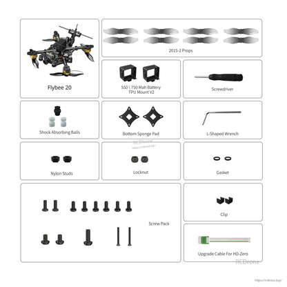 Flywoo Flybee 20 HDZero 2S ultralight FPV drone kit with 2015-2 props, tools, mounts and screw pack