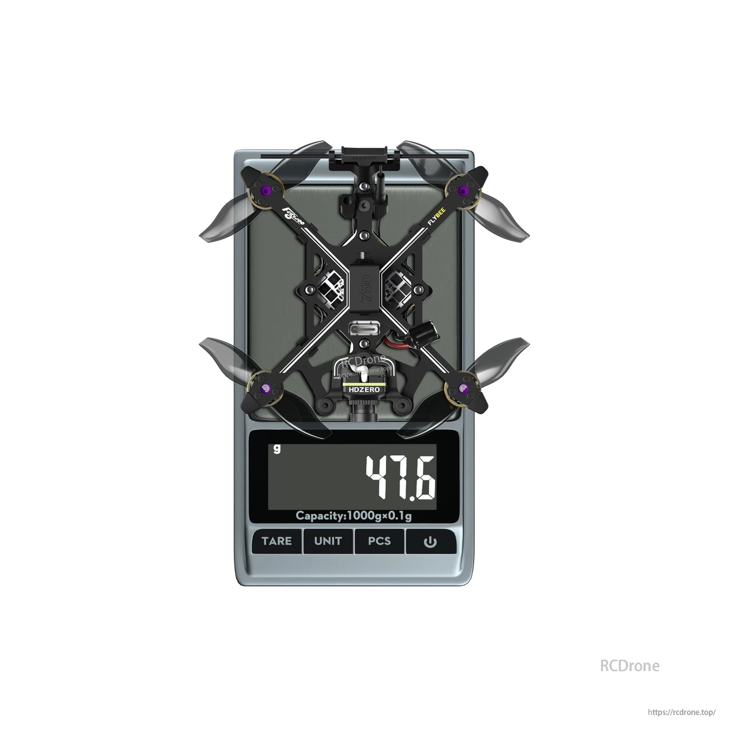 Flywoo Flybee 20 HDZero 2S Ultralight FPV, Flywoo Flybee 20 HDZero ultralight FPV quadcopter on a digital scale reading 47.6 g