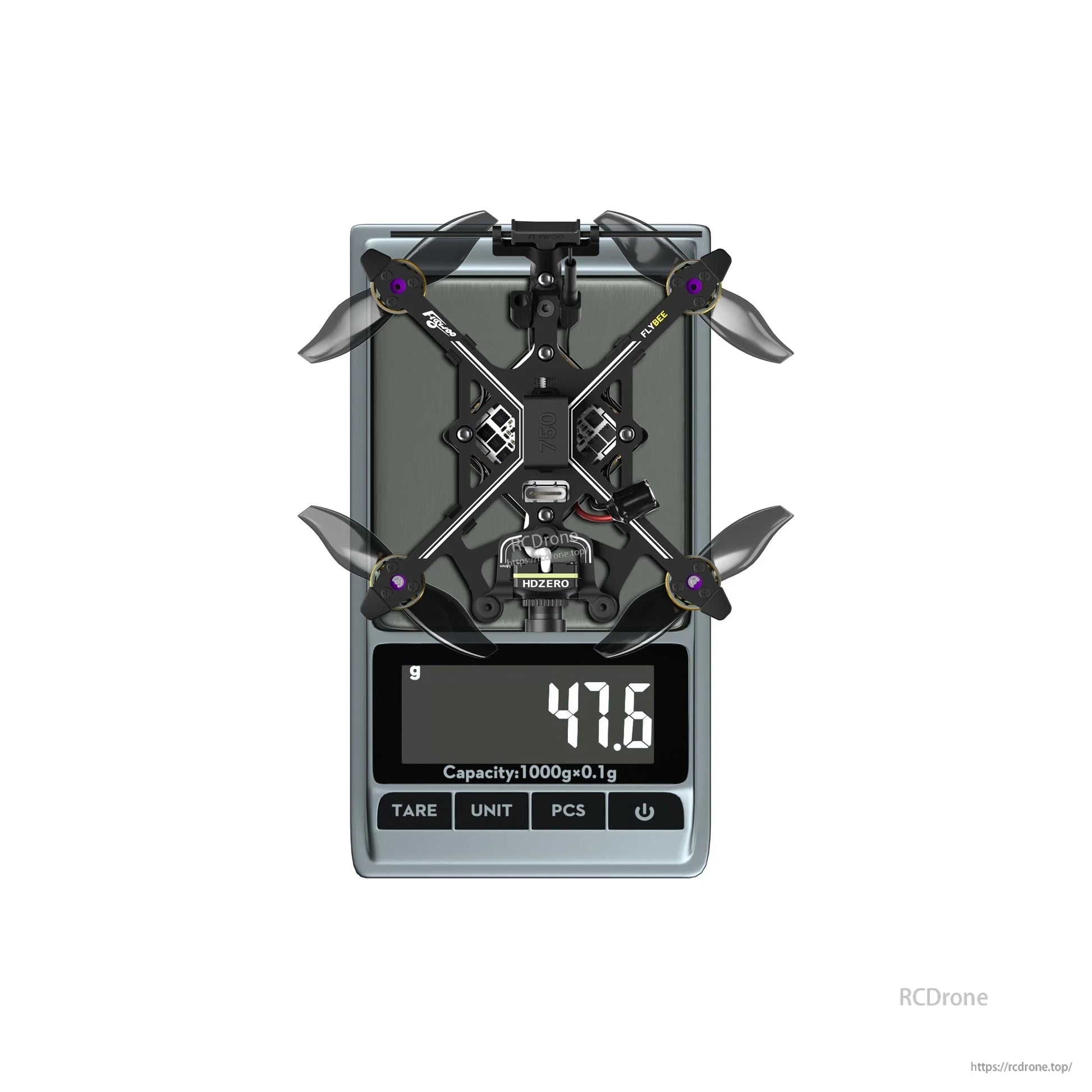 Flywoo Flybee 20 HDZero 2S Ultralight FPV, Flywoo Flybee 20 HDZero ultralight FPV quadcopter on a digital scale reading 47.6 g