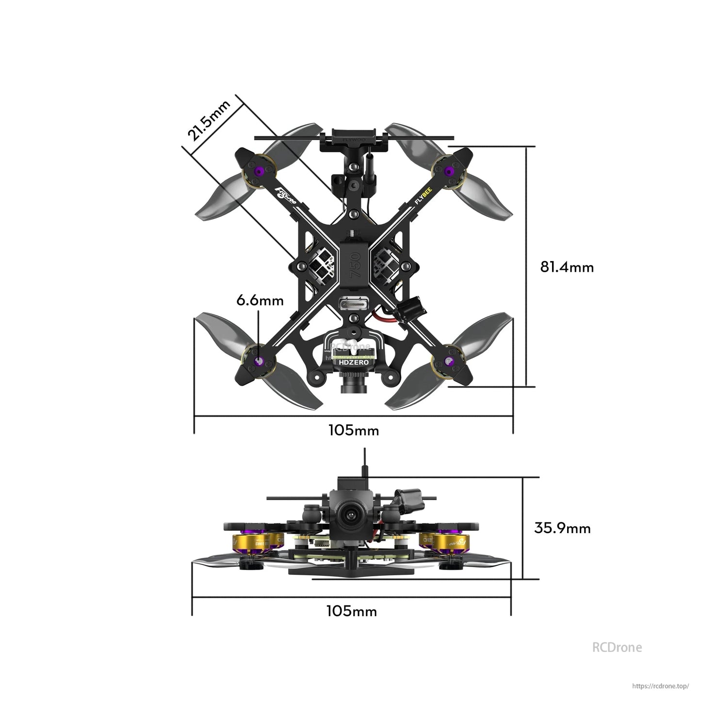 Flywoo Flybee 20 HDZero 2S ultralight FPV drone with 105mm wheelbase and 35.9mm height dimensions