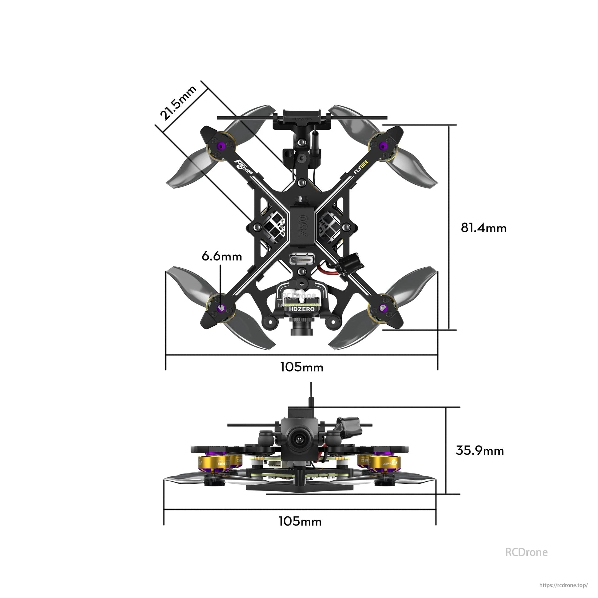 Flywoo Flybee 20 HDZero 2S ultralight FPV drone with 105mm wheelbase and 35.9mm height dimensions