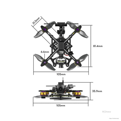 Flywoo Flybee 20 HDZero 2S ultralight FPV drone with 105mm wheelbase and 35.9mm height dimensions