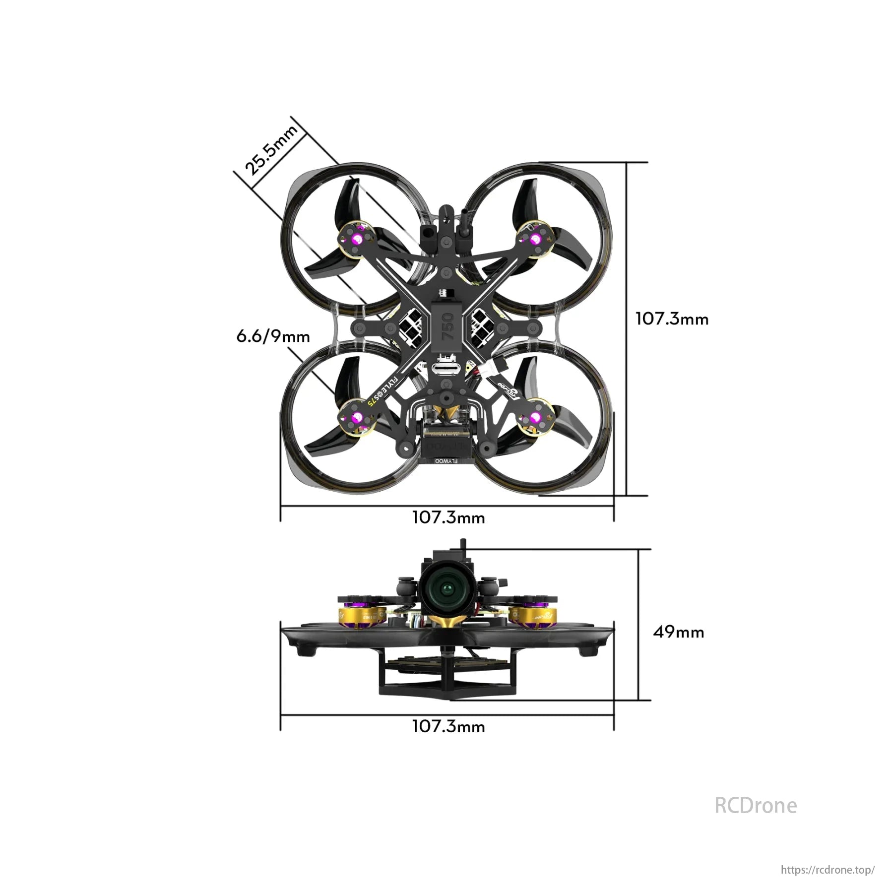 Flywoo Flylens 75 HD O4 2S 1.6-Inch Whoop FPV, Flywoo Flylens 75 HD O4 2S drone dimensions: 107.3mm x 107.3mm, height 49mm, propeller diameter 25.5mm.