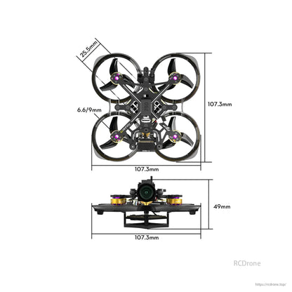 Flywoo Flylens 75 HD O4 2S 1.6-Inch Whoop FPV, Flywoo Flylens 75 HD O4 2S drone dimensions: 107.3mm x 107.3mm, height 49mm, propeller diameter 25.5mm.