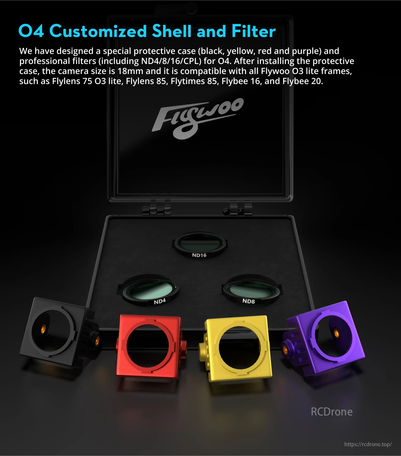 Flywoo Flylens 75 HD O4 2S 1.6-Inch Whoop FPV, O4 Customized Shell and Filter offers protective cases with professional filters for the O4 camera, ensuring compatibility and enhanced performance with various FPV models.