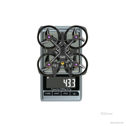 The Flywoo Flylens 75 HD O4 PRO 2S 1.6-Inch Whoop FPV Drone V1.3 weighs 43.3 grams.